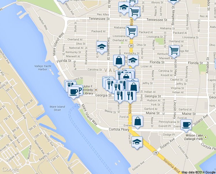 map of restaurants, bars, coffee shops, grocery stores, and more near 236 Georgia Street in Vallejo