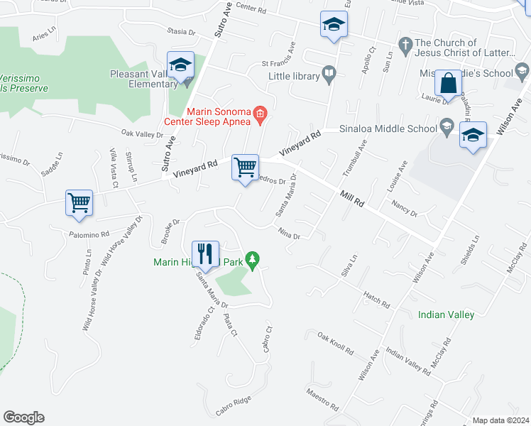 map of restaurants, bars, coffee shops, grocery stores, and more near 65 San Gregorio Court in Novato