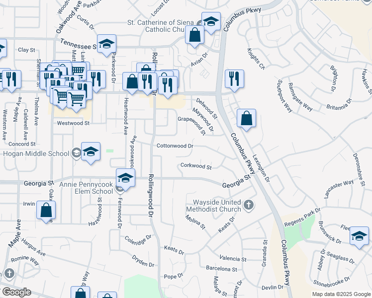 map of restaurants, bars, coffee shops, grocery stores, and more near 216 Corkwood Street in Vallejo