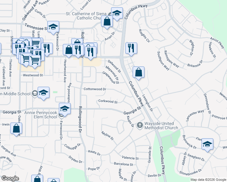 map of restaurants, bars, coffee shops, grocery stores, and more near 120 Crane Court in Vallejo