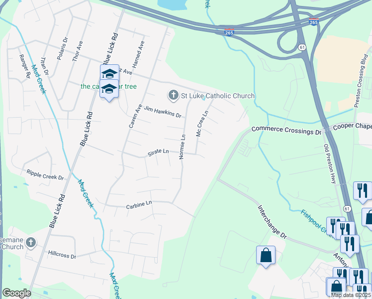 map of restaurants, bars, coffee shops, grocery stores, and more near 4212 Sirate Lane in Louisville