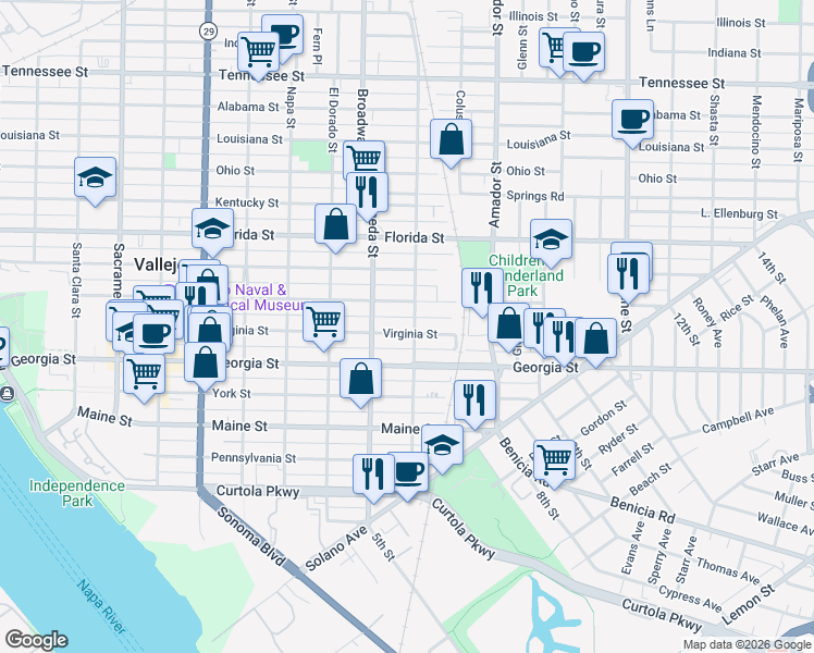 map of restaurants, bars, coffee shops, grocery stores, and more near 427 Monterey Street in Vallejo