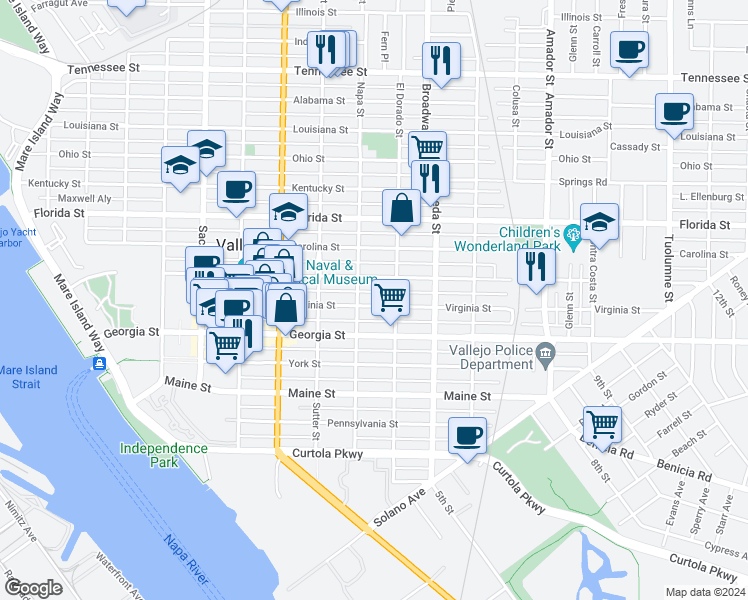 map of restaurants, bars, coffee shops, grocery stores, and more near 716 Virginia Street in Vallejo