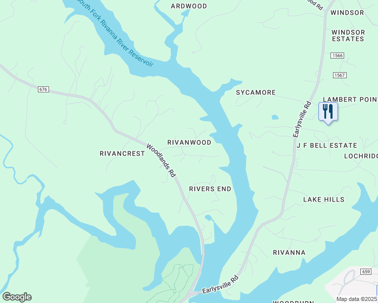 map of restaurants, bars, coffee shops, grocery stores, and more near 275 Rivanwood Drive in Charlottesville