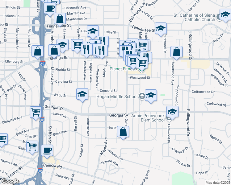 map of restaurants, bars, coffee shops, grocery stores, and more near 313 Concord Street in Vallejo
