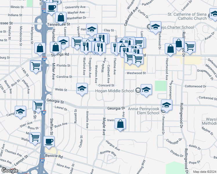map of restaurants, bars, coffee shops, grocery stores, and more near 217 Concord Street in Vallejo