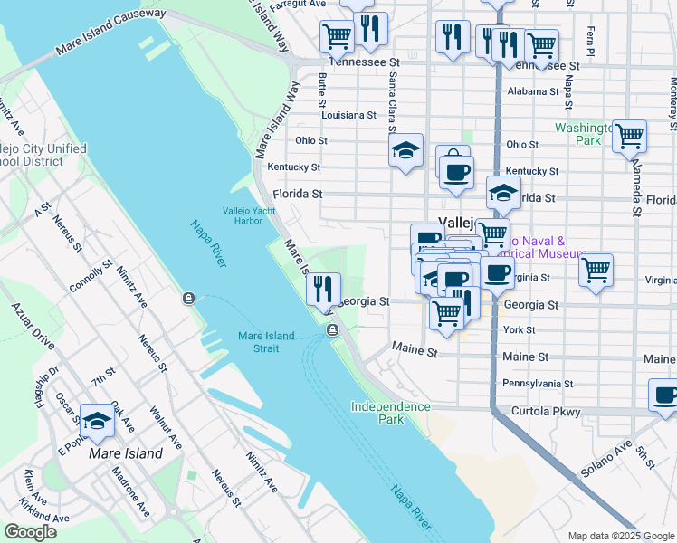 map of restaurants, bars, coffee shops, grocery stores, and more near 3 Capitol Street in Vallejo