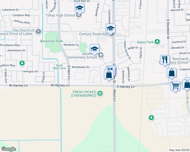 map of restaurants, bars, coffee shops, grocery stores, and more near 835 West Harney Lane in Lodi