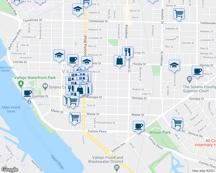 map of restaurants, bars, coffee shops, grocery stores, and more near 806 Capitol Street in Vallejo