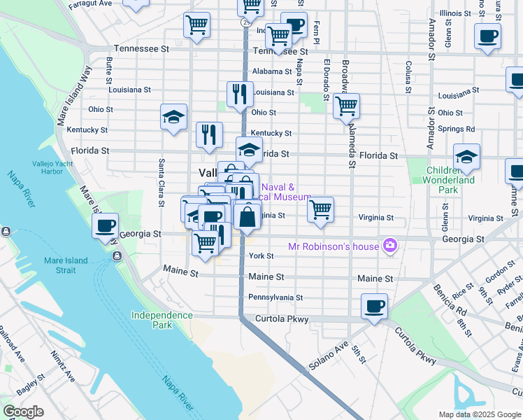 map of restaurants, bars, coffee shops, grocery stores, and more near in Vallejo