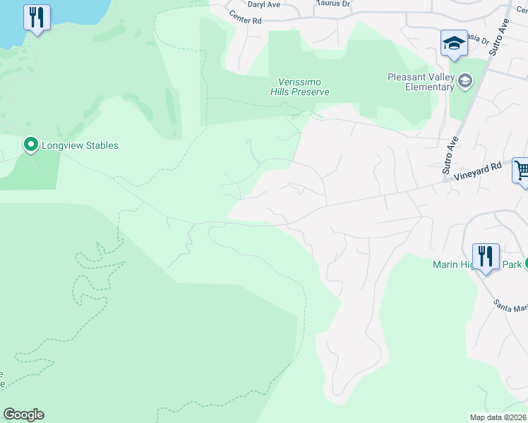 map of restaurants, bars, coffee shops, grocery stores, and more near 97 Verissimo Drive in Novato