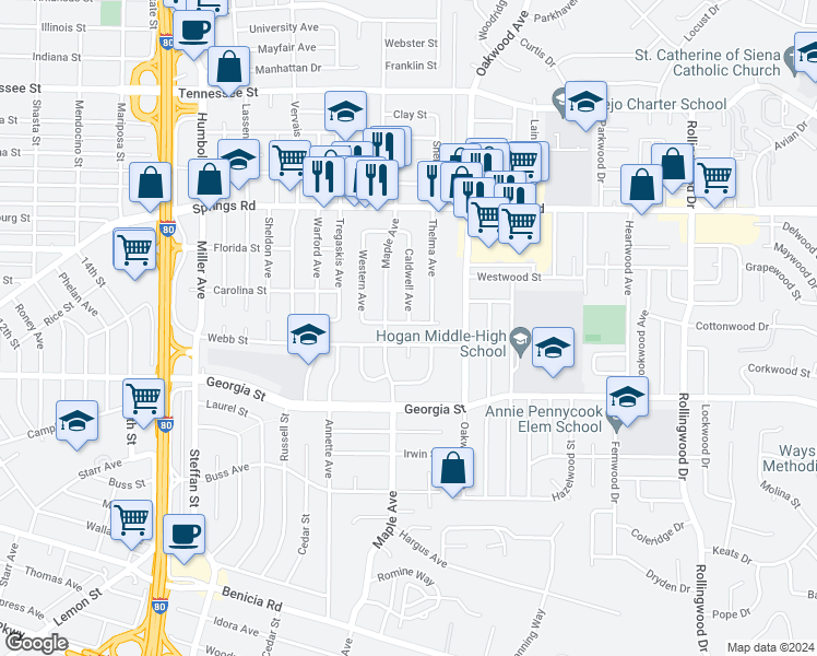map of restaurants, bars, coffee shops, grocery stores, and more near 217 Concord Street in Vallejo
