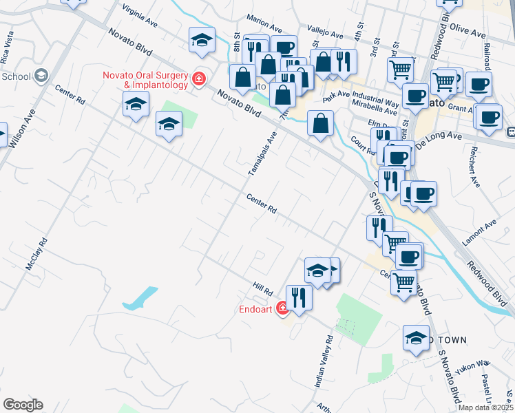 map of restaurants, bars, coffee shops, grocery stores, and more near 1665 Center Road in Novato