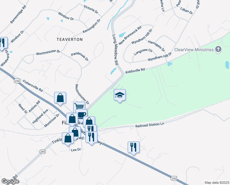 map of restaurants, bars, coffee shops, grocery stores, and more near 8 Rosette Lane in Fishersville