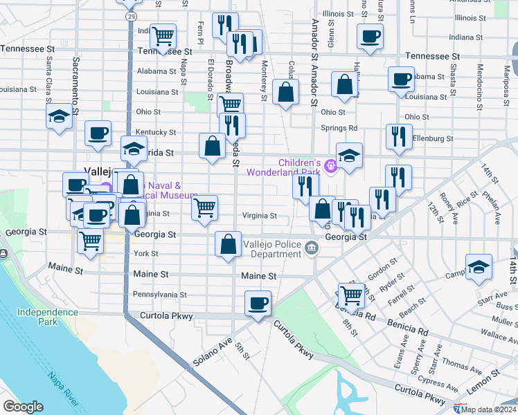map of restaurants, bars, coffee shops, grocery stores, and more near 515 Monterey Street in Vallejo