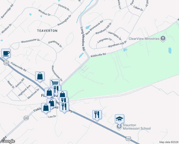 map of restaurants, bars, coffee shops, grocery stores, and more near 27 Rose Garden Lane in Fishersville