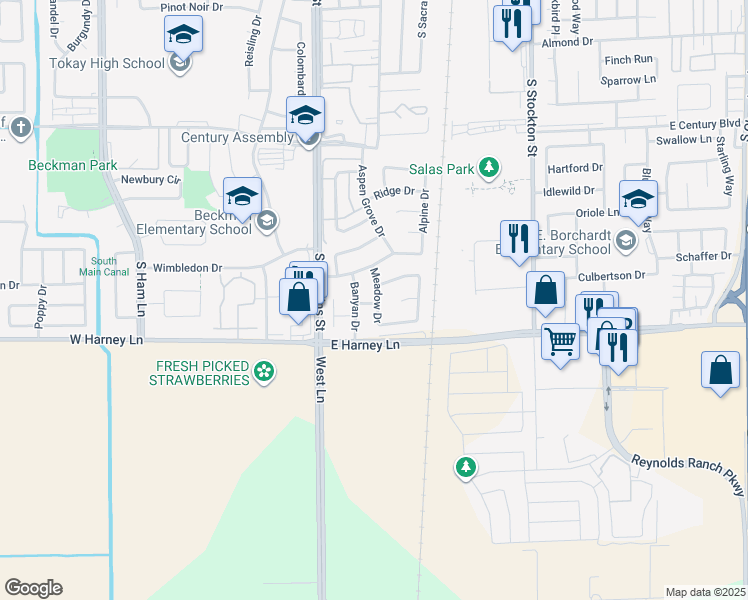 map of restaurants, bars, coffee shops, grocery stores, and more near 2415 Meadow Drive in Lodi