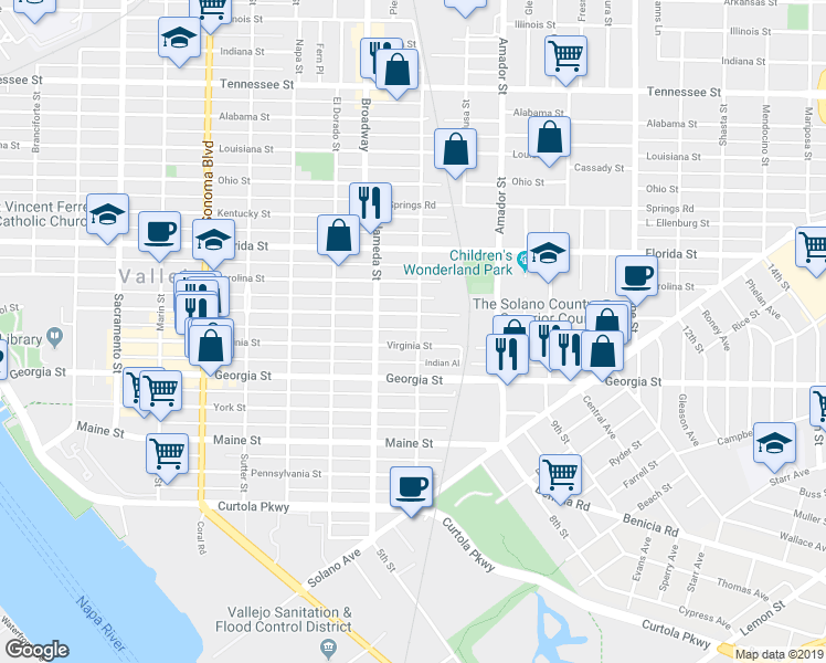 map of restaurants, bars, coffee shops, grocery stores, and more near 1038 Capitol Street in Vallejo