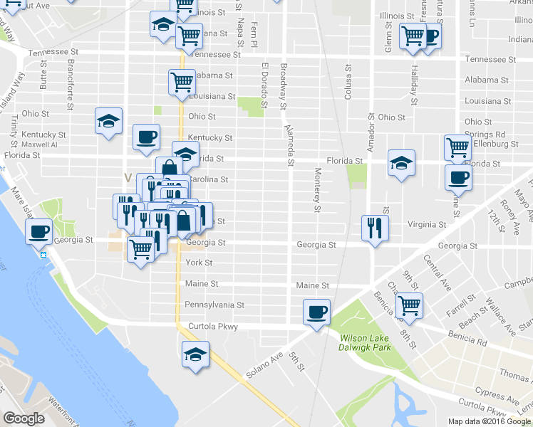 map of restaurants, bars, coffee shops, grocery stores, and more near 845 Capitol Street in Vallejo