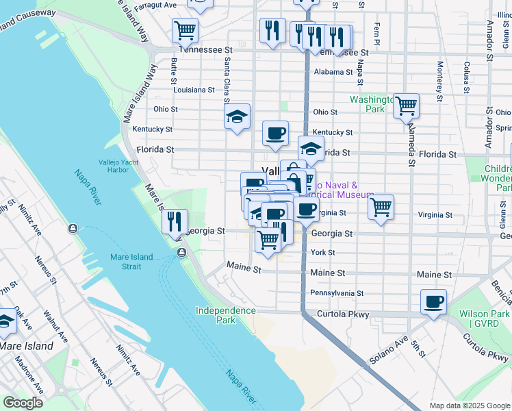 map of restaurants, bars, coffee shops, grocery stores, and more near 427 Capitol Street in Vallejo
