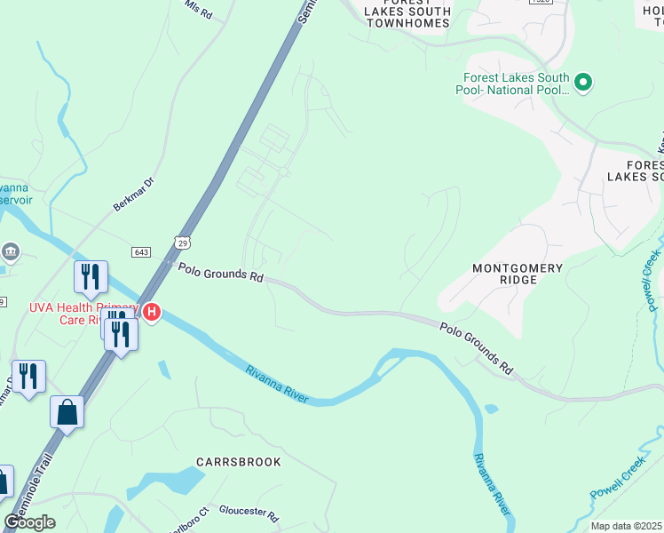 map of restaurants, bars, coffee shops, grocery stores, and more near 2575 Seminole Trail in Charlottesville