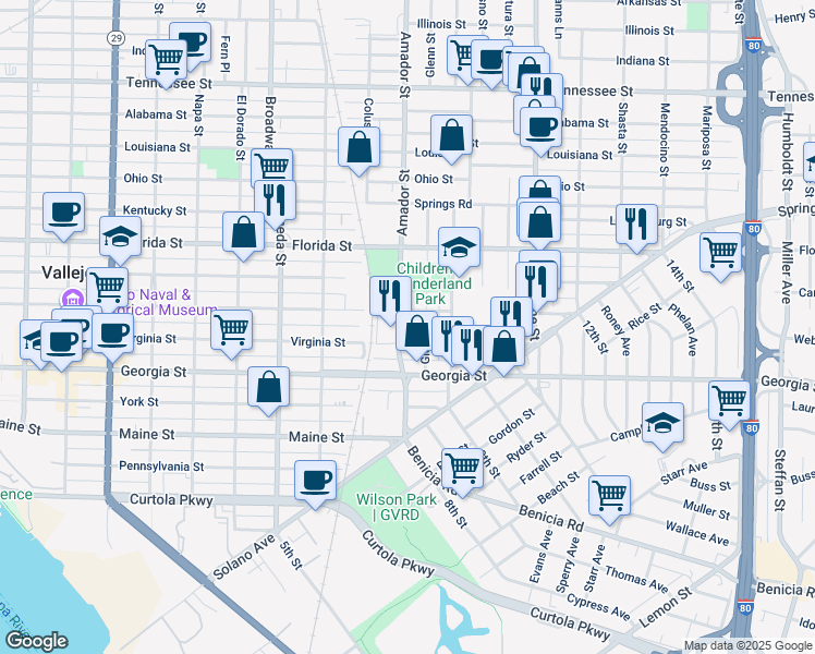 map of restaurants, bars, coffee shops, grocery stores, and more near 318 Amador Street in Vallejo