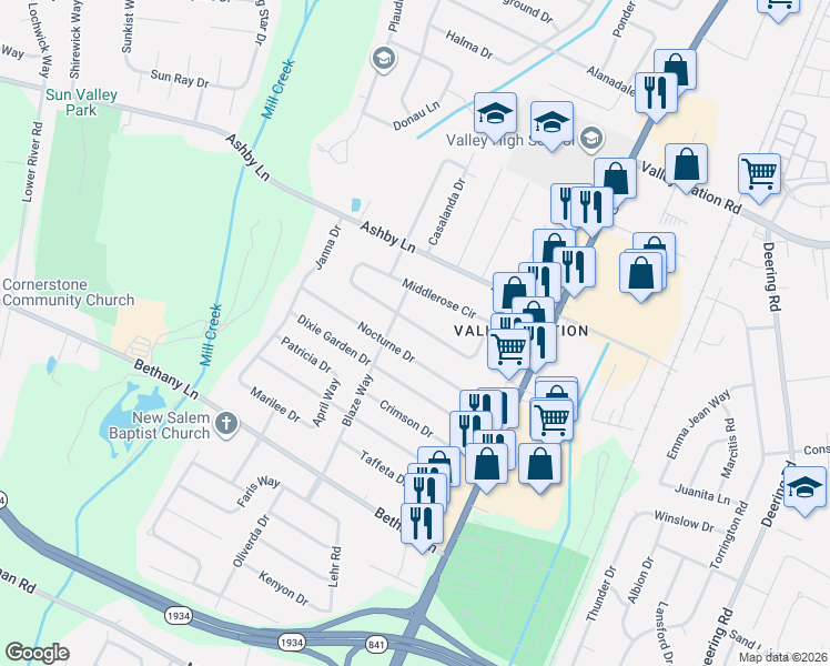 map of restaurants, bars, coffee shops, grocery stores, and more near 6202 Middlerose Circle in Louisville