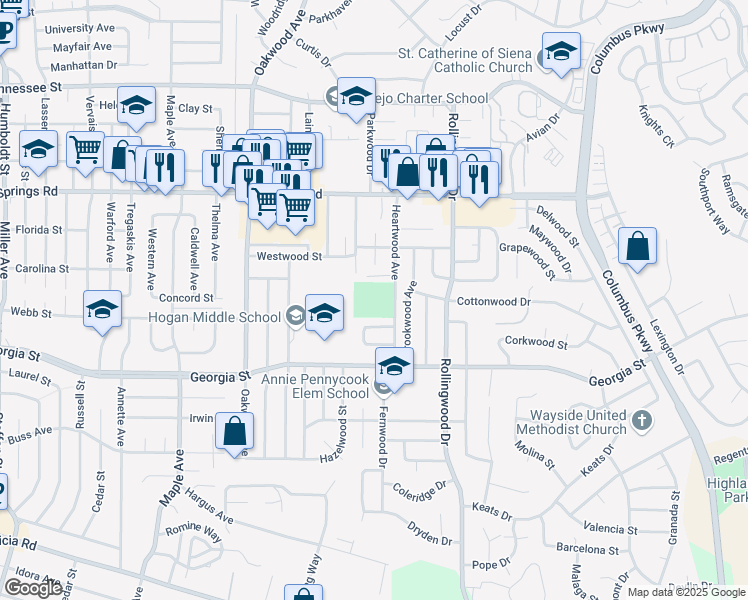 map of restaurants, bars, coffee shops, grocery stores, and more near 915 Heartwood Avenue in Vallejo