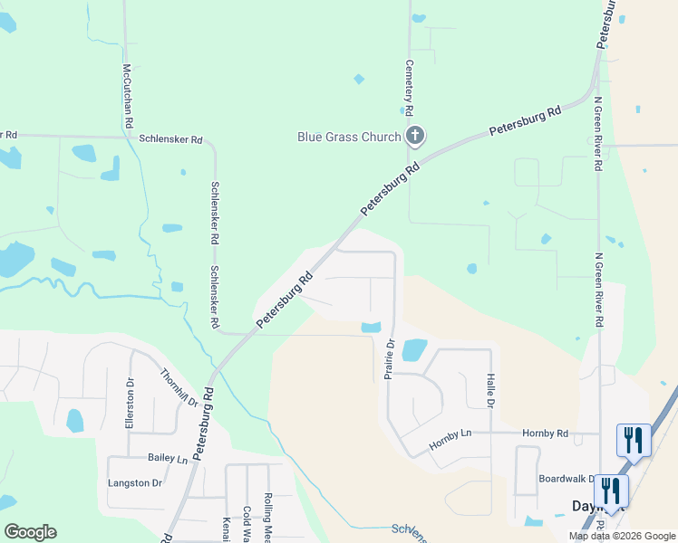 map of restaurants, bars, coffee shops, grocery stores, and more near 3702 Aberdeen Court in Evansville