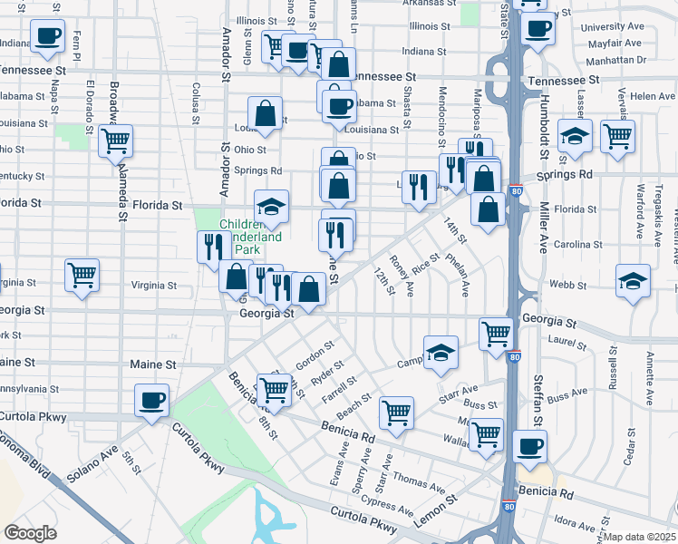 map of restaurants, bars, coffee shops, grocery stores, and more near 400 Tuolumne Street in Vallejo