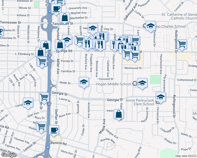 map of restaurants, bars, coffee shops, grocery stores, and more near Concord Street & Western Avenue in Vallejo