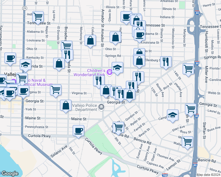 map of restaurants, bars, coffee shops, grocery stores, and more near 112 Glenn Street in Vallejo