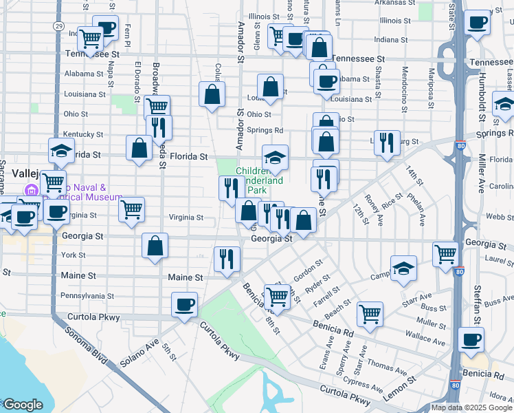 map of restaurants, bars, coffee shops, grocery stores, and more near 112 Glenn Street in Vallejo