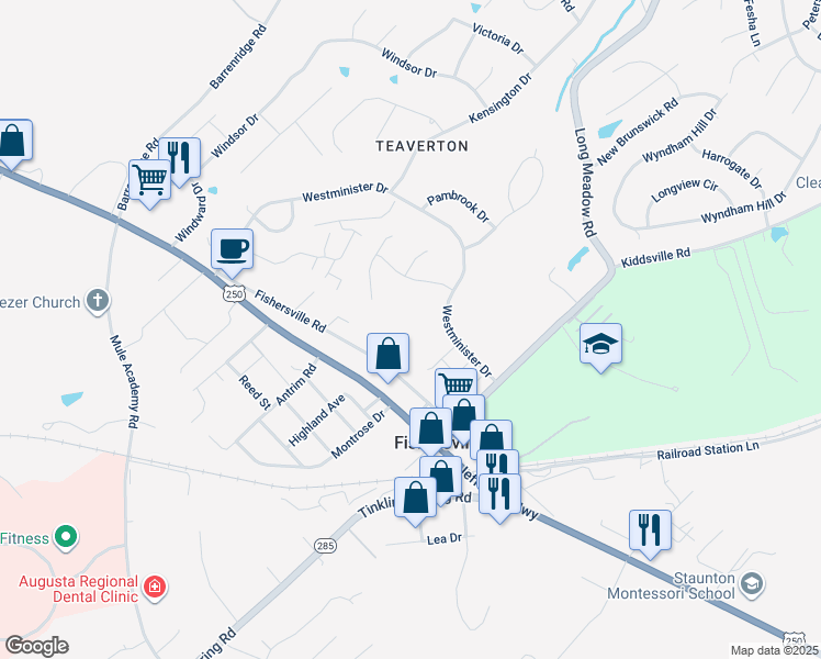 map of restaurants, bars, coffee shops, grocery stores, and more near 339 Westminister Drive in Fishersville