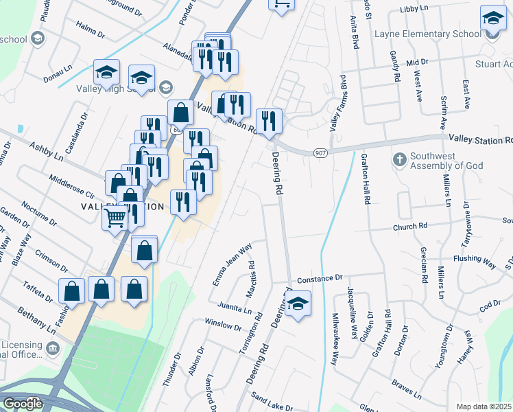map of restaurants, bars, coffee shops, grocery stores, and more near 10304 Torrington Road in Louisville
