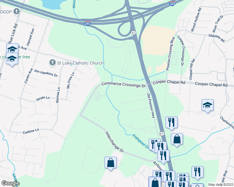 map of restaurants, bars, coffee shops, grocery stores, and more near 5200 Commerce Crossings Drive in Louisville