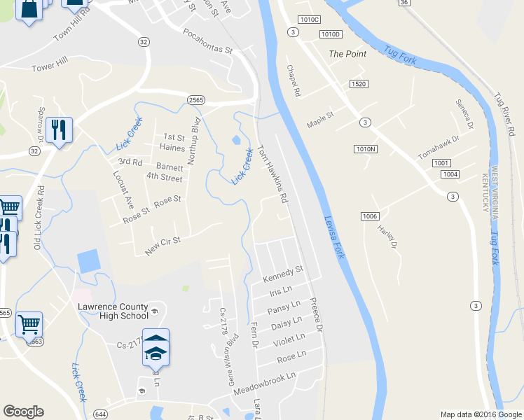 map of restaurants, bars, coffee shops, grocery stores, and more near Cranberry Drive in Louisa