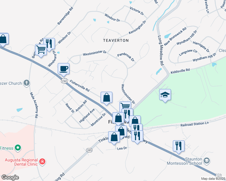 map of restaurants, bars, coffee shops, grocery stores, and more near 339 Westminister Drive in Fishersville