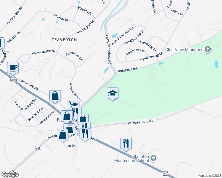 map of restaurants, bars, coffee shops, grocery stores, and more near 27 Rose Garden Lane in Fishersville