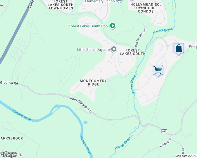 map of restaurants, bars, coffee shops, grocery stores, and more near 2535 Montgomery Ridge Rd in Charlottesville