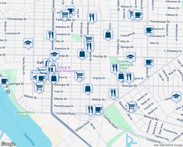 map of restaurants, bars, coffee shops, grocery stores, and more near 620 Alameda Street in Vallejo