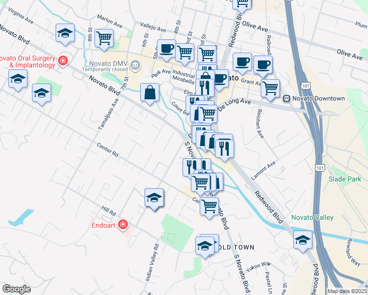 map of restaurants, bars, coffee shops, grocery stores, and more near in Novato