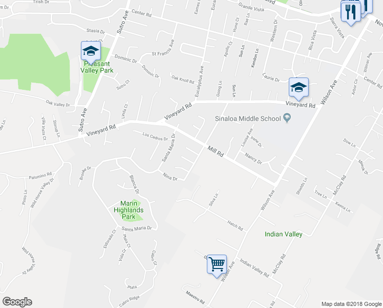 map of restaurants, bars, coffee shops, grocery stores, and more near 5 Mockingbird Court in Novato