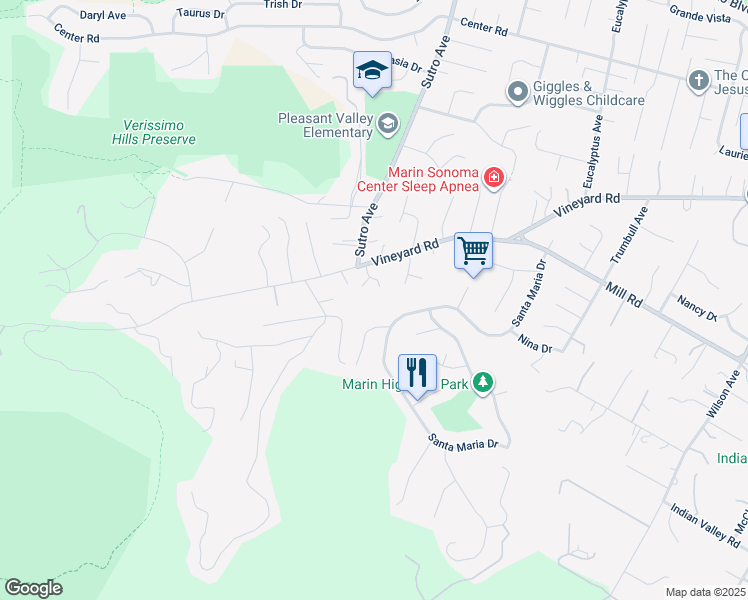 map of restaurants, bars, coffee shops, grocery stores, and more near 7 Bear Creek Road in Novato