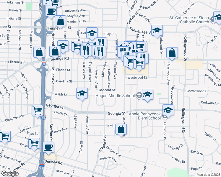 map of restaurants, bars, coffee shops, grocery stores, and more near 300 Concord Street in Vallejo