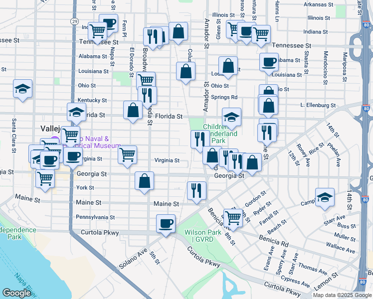 map of restaurants, bars, coffee shops, grocery stores, and more near 1155 Capitol Street in Vallejo