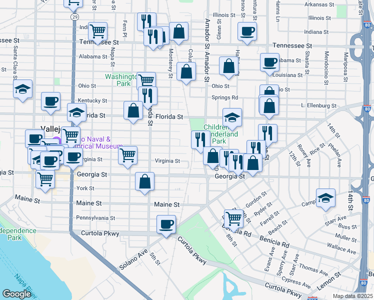 map of restaurants, bars, coffee shops, grocery stores, and more near 1155 Capitol Street in Vallejo
