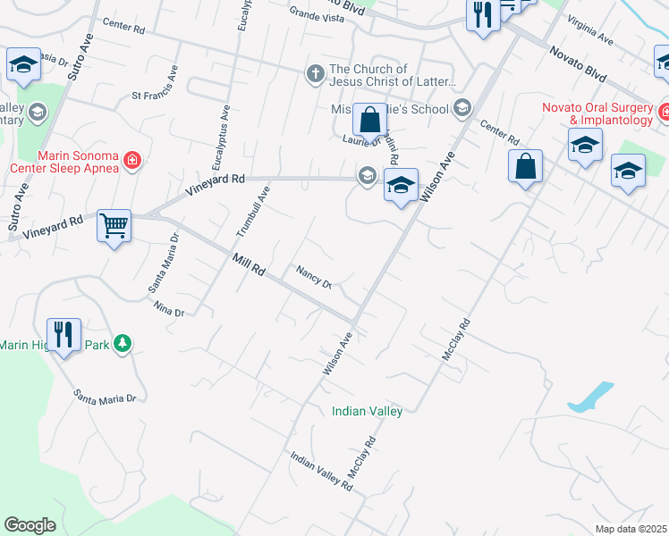 map of restaurants, bars, coffee shops, grocery stores, and more near 18 Irene Drive in Novato