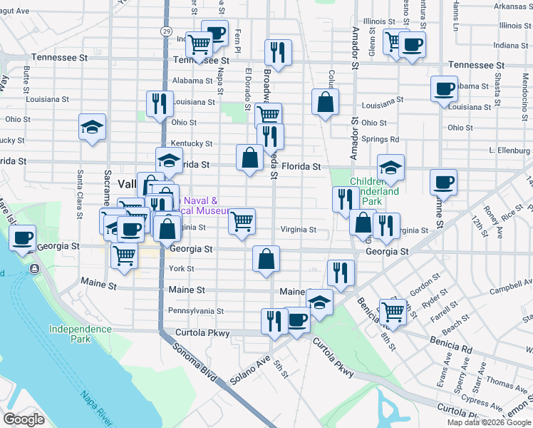 map of restaurants, bars, coffee shops, grocery stores, and more near 943 Capitol Street in Vallejo