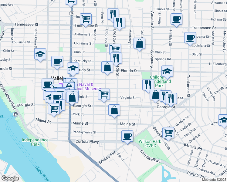 map of restaurants, bars, coffee shops, grocery stores, and more near 943 Capitol Street in Vallejo